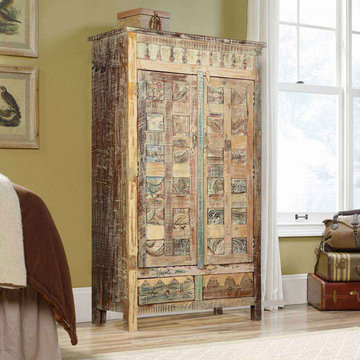 Chess Board Solid Mango Wood Cabinet Armoire With Shelves And Drawers
