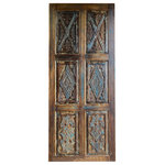 Mogul Interior - Consigned Vintage Carved Wood Sliding Barn Door Nail Studs Rustic Blue Door 84 - Decorate your home with a stunning hand-carved flowers door, studded with copper nails to accent the carvings the blue highlights bring in the warmth of hope. The doors are handcrafted in recalimed woods to blend vintage charm with modern functionality. This unique door, brings in nature&rsquo;s harmony and adds the grounding element