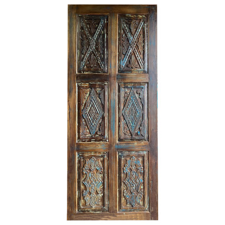 Consigned Vintage Carved Wood Sliding Barn Door Nail Studs Rustic Blue Door 84