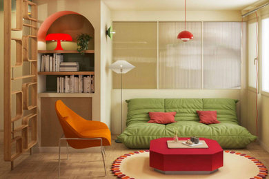 Aménagement d'un petit salon rétro avec éclairage.