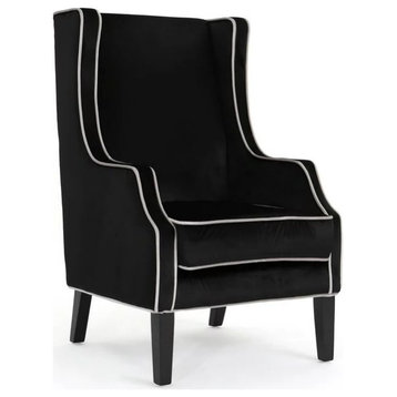 Accent Chair, Soft Velvet Seat and High Back With Piping Detail, Black/Pearl