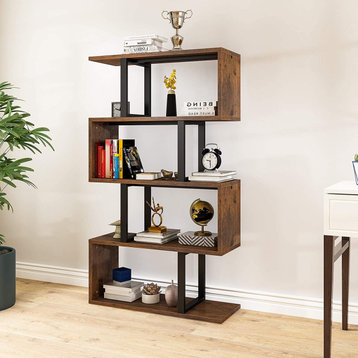 5-Tier Bookshelf, S-Shaped for Living Room Home Office, Retro Brown