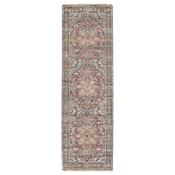 English Red Soft Wool Heris Revival Hand Knotted Runner Oriental Rug 2'6"x8'