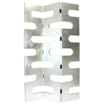 3 Panels Room Divider, Birch Wood Frame With Circular Cut Out Accents, Silver