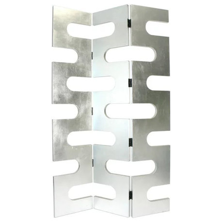 Modern 3-Panel Room Divider with Silver Birch Wood Frame and Circular Design