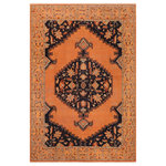 Bareens Designer Rugs - Antique Lavastone Low-Pile Maddie Rust/Blue Wool Rug - 7'10'' x 10'7'' - An exhilarating oriental rug with distinctive motifs and wide-ranging pallet of warm colors, this antique vintage distressed low pile hand knotted masterpiece is a breath-taking addition to any decor. Featuring a soft low pile, showcasing the intricate design with an awe-inspiring color palette this masterpiece is known for its versatility, all vegetable dyes, and high knot count. Known for its artistic individuality, masterful construction, and enduring appeal this one-of-a-kind rug is an excellent addition to any d�cor.