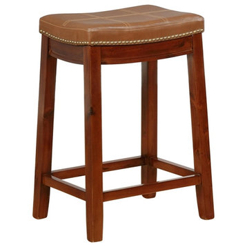 Linon Claridge Backless Counter Stool Cognac Faux Leather Wood Frame in Dk Brown