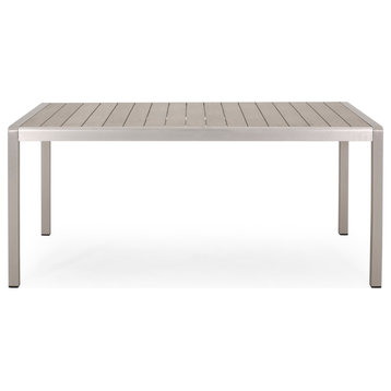 Coral Outdoor Aluminum Dining Table With Faux Wood Top, Natural/Silver