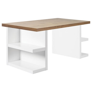 Contemporary Home Office Desk Leg Shelves, Walnut Top/ White Legs