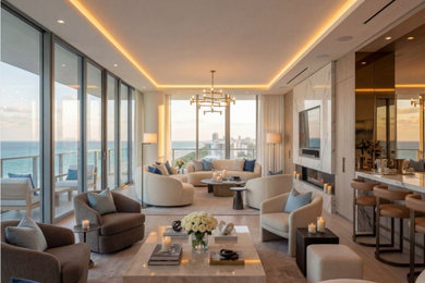 Inspiration for a large open concept porcelain tile, beige floor and wall paneling living room remodel in Miami with a standard fireplace and a media wall