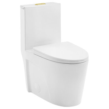 St. Tropez Elongated Toilet, Dual Vortex Flush, Glossy White With Gold Hardware