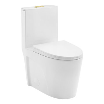 St. Tropez Elongated Toilet, Dual Flush, Glossy White With Gold Hardware