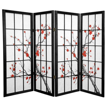 4' Tall Cherry Blossom Shoji Screen, Black, 4 Panels