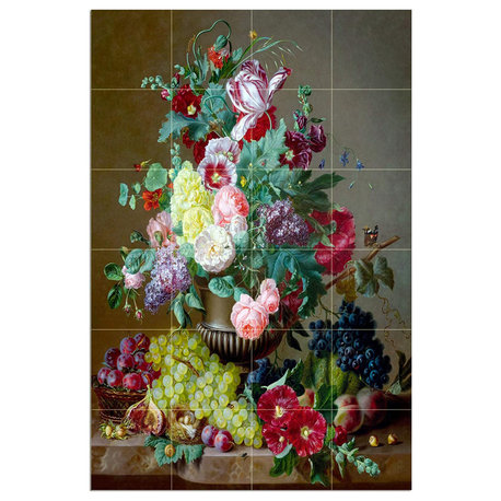 Tile Mural Flower still life with fruit grapes Backsplash Four Inch Marble