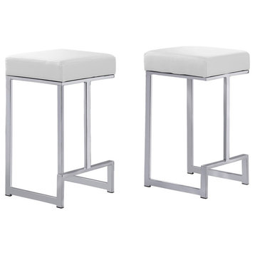 Pemberly Row Leather Backless Counter Height Stool - White/Silver (Set of 2)