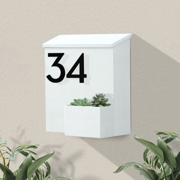 Greetings Wall Mounted Mailbox + House Numbers, Lock Included, Outgoing Flag, White, Black Font