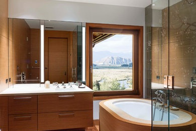 Walk-in shower - mid-sized contemporary medium tone wood floor and brown floor walk-in shower idea in San Francisco with an undermount sink, medium tone wood cabinets, a one-piece toilet, white walls, flat-panel cabinets and an undermount tub