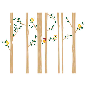 Large Birch Tree Nursery Wall Decal Set With Owls, Light Brown Trees/Yellow Owls