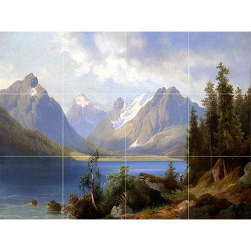 Tile Mural, Landscape Mountain Lake Trees Marble Matte