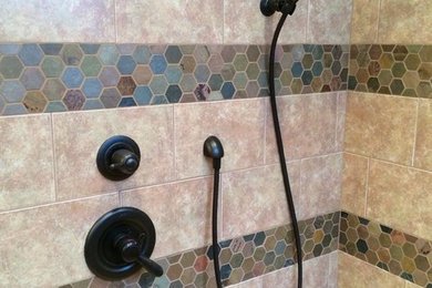 Example of a mid-sized trendy ceramic tile ceramic tile doorless shower design in Chicago