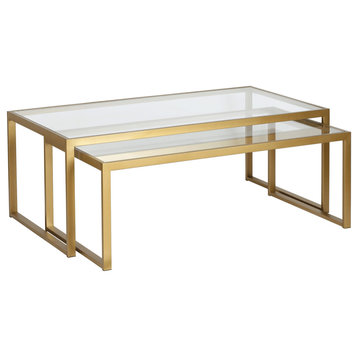 Set of Two 46" Gold Glass And Steel Nested Coffee Tables