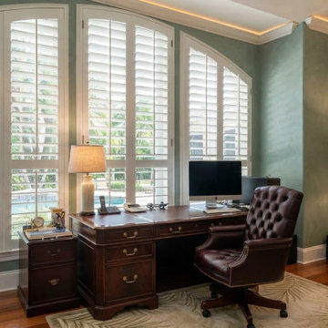 Transitional Coastal Living Room with 4.5-Inch Plantation Shutters
