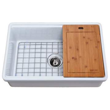 Tosca Reversible Farmhouse Single Bowl Sink, Cutting-Board, Grid, Strainer, 30"