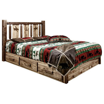 Montana Woodworks Homestead Wood Twin Platform Bed with Engraved Bronc in Brown