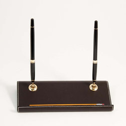 Brown Leather Double Pen Stand with Holder - Desk Accessories