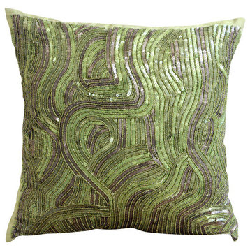 Green Sequins & Beaded 18"x18" Silk Throw Pillows Cover, Chlorophyll