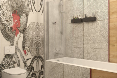 На фото: маленькая ванная комната в белых тонах с отделкой деревом в стиле фьюжн с полновстраиваемой ванной, инсталляцией, серой плиткой, керамогранитной плиткой, серыми стенами, полом из керамогранита, врезной раковиной, столешницей из искусственного камня, разноцветным полом, шторкой для ванной, тумбой под одну раковину и обоями на стенах