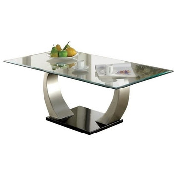 Bowery Hill Modern Glass Top Coffee Table in Satin Silver with Black Glossy Base
