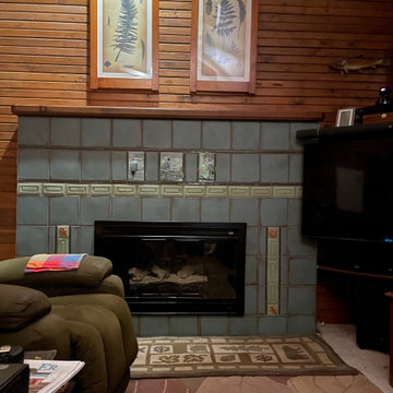 Tiled fireplace in rustic setting