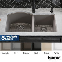 Karran Undermount Quartz 32" 60/40 Double Bowl Kitchen Sink Kit, Concrete