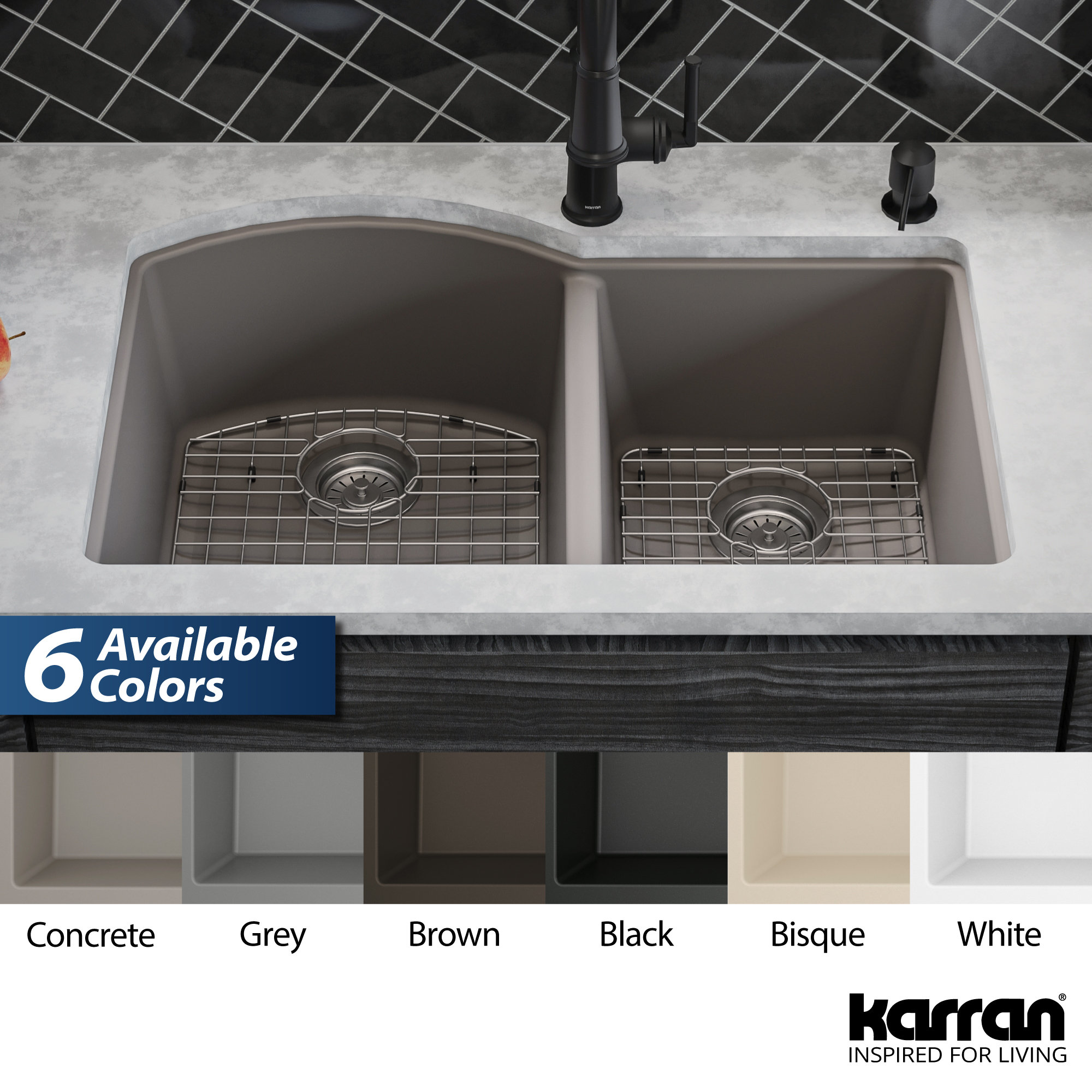 Karran Undermount Quartz 32" 60/40 Double Bowl Kitchen Sink Kit, Concrete