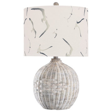 White Rattan Table Lamp, Natural With Wash, White, Seagull Print