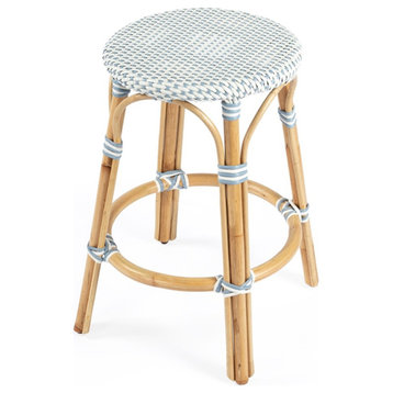 Bowery Hill Transitional Rattan Round 24" Counter Stool - White and Blue
