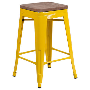 24" Counter Height Yellow Metal Dining Stool With Wooden Seat