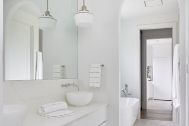 Freestanding bathtub - large contemporary master yellow tile and ceramic tile mosaic tile floor, beige floor and double-sink freestanding bathtub idea in Other with flat-panel cabinets, white cabinets, white walls, a vessel sink, quartz countertops, white countertops and a floating vanity