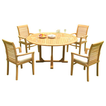 5-Piece Outdoor Teak Dining Set: 60" Round Table, 4 Mas Stacking Arm Chairs