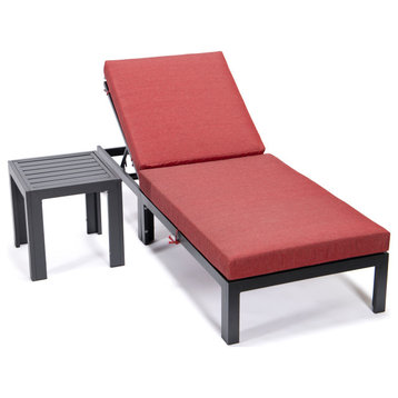 LeisureMod Chelsea Chaise Lounge Chair With Cushions & Side Table, Red
