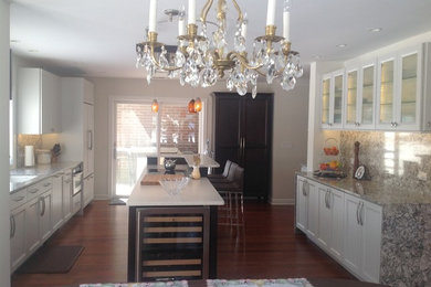 Large transitional galley medium tone wood floor open concept kitchen photo in Chicago with an undermount sink, recessed-panel cabinets, white cabinets, quartz countertops and paneled appliances