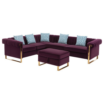 Maddie Purple Velvet 6-Seater Sectional Sofa with Storage Ottoman