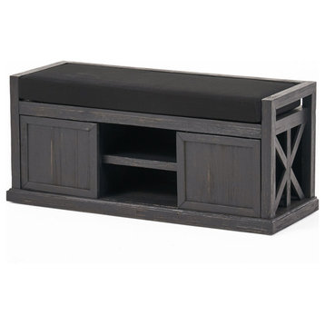 Becky Modern Acacia Wood Storage Bench With Cushion, Sandblast Dark Gray/Black