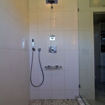 Contemporary Shower with Carrara Marble Floor and Curb