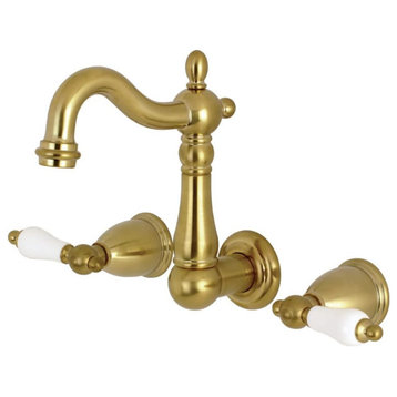 Wall Bathroom Faucet, Elegant White Porcelain Lever Handles, Brushed Brass