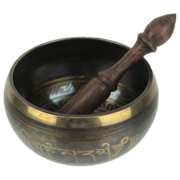 Antiqued Brass Tibetan Meditation Singing Bowl With Wooden Mallet 6.25 Inch Dia