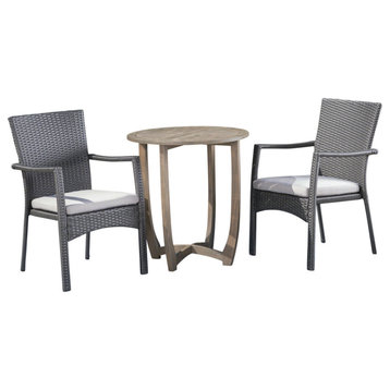 GDF Studio 3-Piece Leyam Outdoor Wood and Wicker Bistro Set, Gray and Gray