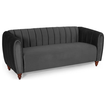 Contemporary Sofa, Bun Feet & Velvet Seat With Channel Tufted Backrest, Black
