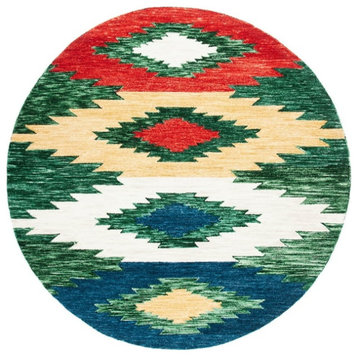 Unique Area Rug, Handmade Pure Wool With Tribal Pattern, Green/Red, 7' Round